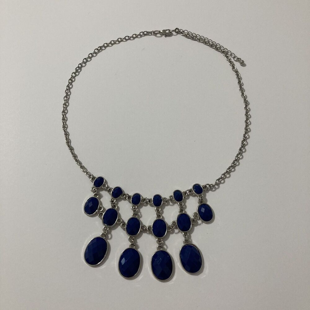 Vintage Silver Tone Metal Blue Plastic Oval Bead Statement Bib Necklace